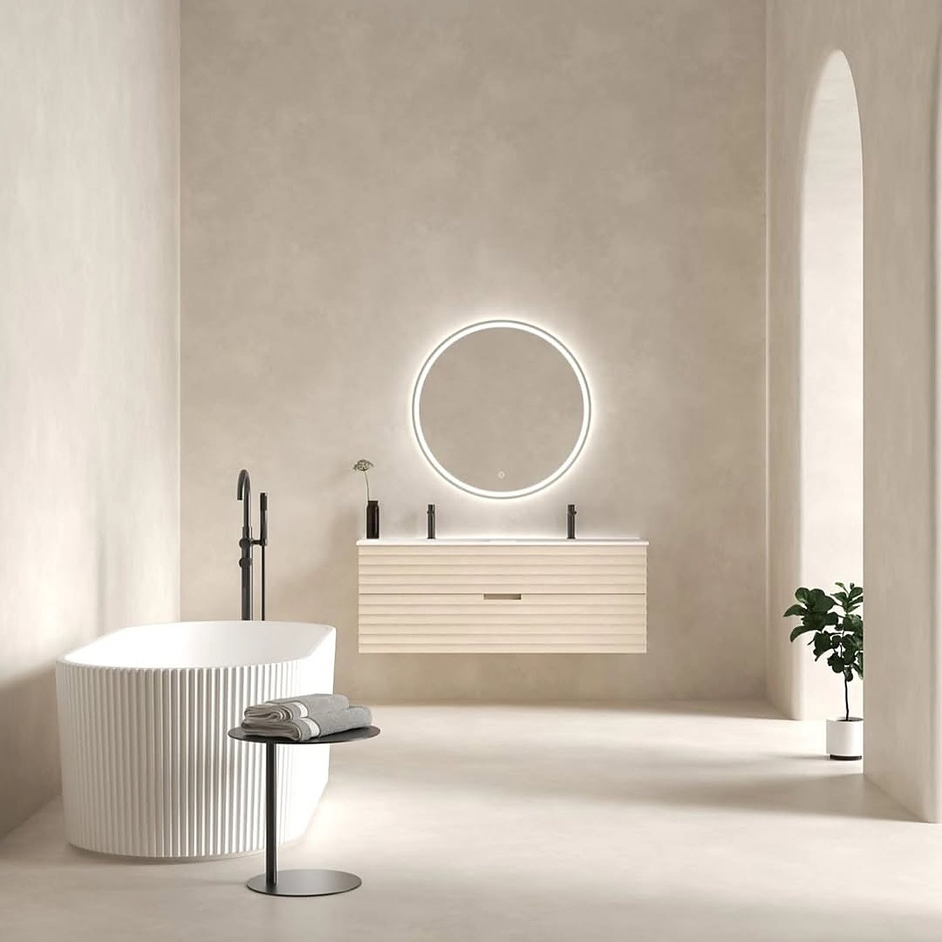 Salle de bain en béton ciré, baignoire îlot — ambiance chez soi