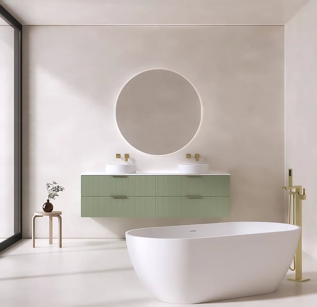 Salle de bain, meuble sauge et baignoire îlot